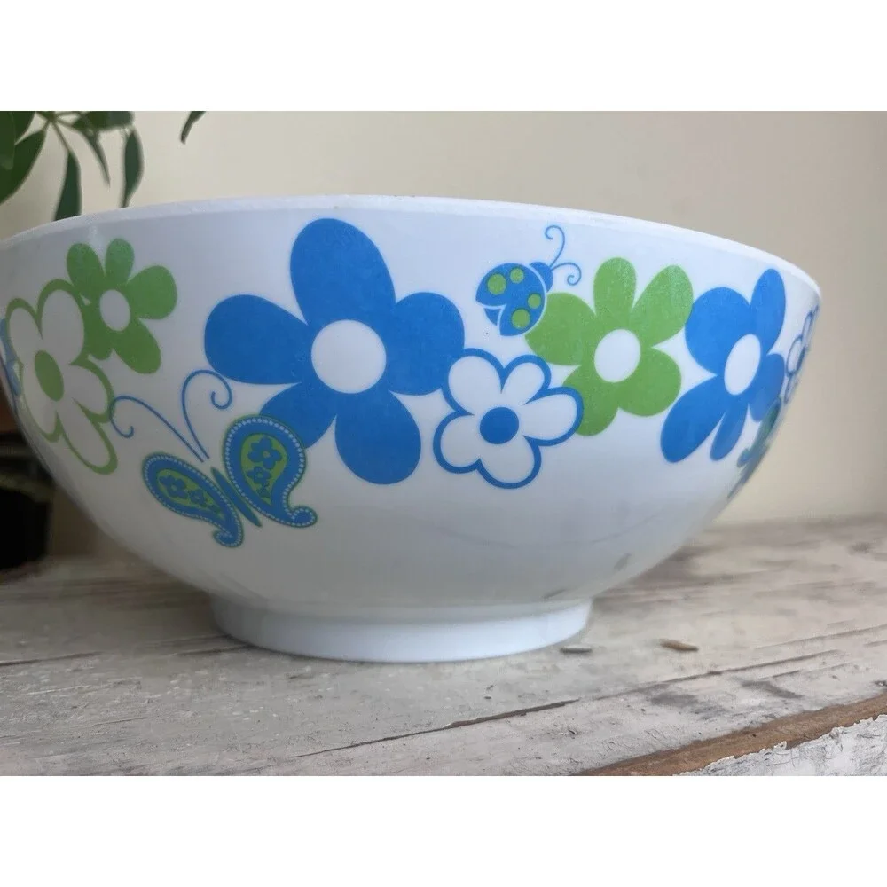 Vintage Whimsical Serving Bowl 70’s Vibe Butterflies Flowers Ladybugs 10” Retro